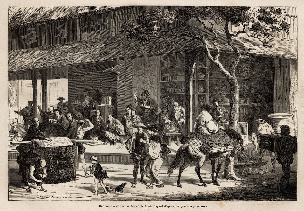Animasjonen av et hus og gatens aktiviteter. Gravering for å illustrere reisen til Japan, i 1863-1864, av Aime Humbert, minister for det sveitsiske konføderasjonen, i "" Le tour du monde, nouveau journal des voyages"" utgitt under regi av Unknown artist