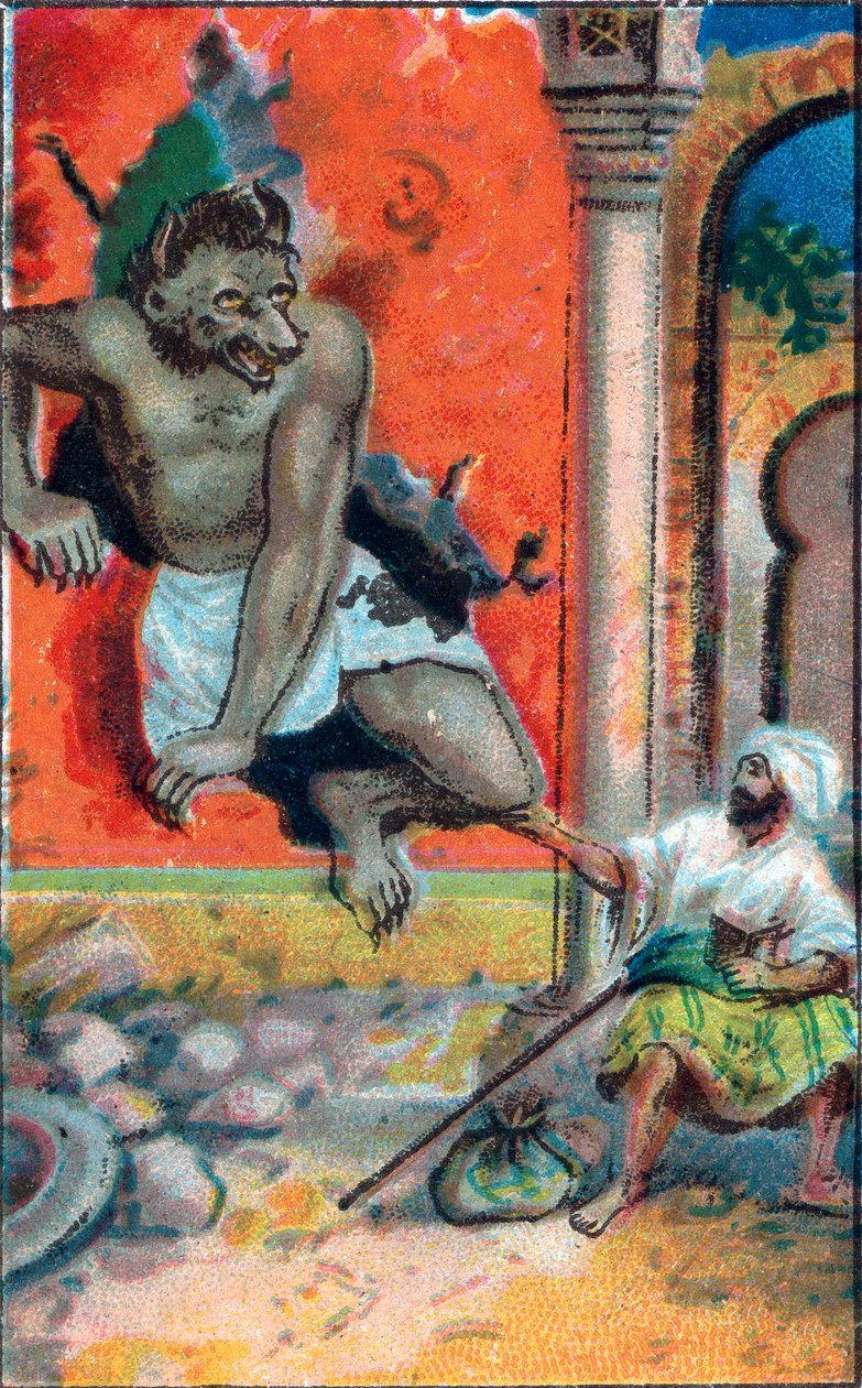 Sinnets utseende, Tale of Ma'ruf (Maruf) the savetier "" De tusen og en natt "" (de 1001 nettene eller Le mille e una notte, Arabian Nights). Kromolitografi fra slutten av 1800-tallet. av Unknown artist