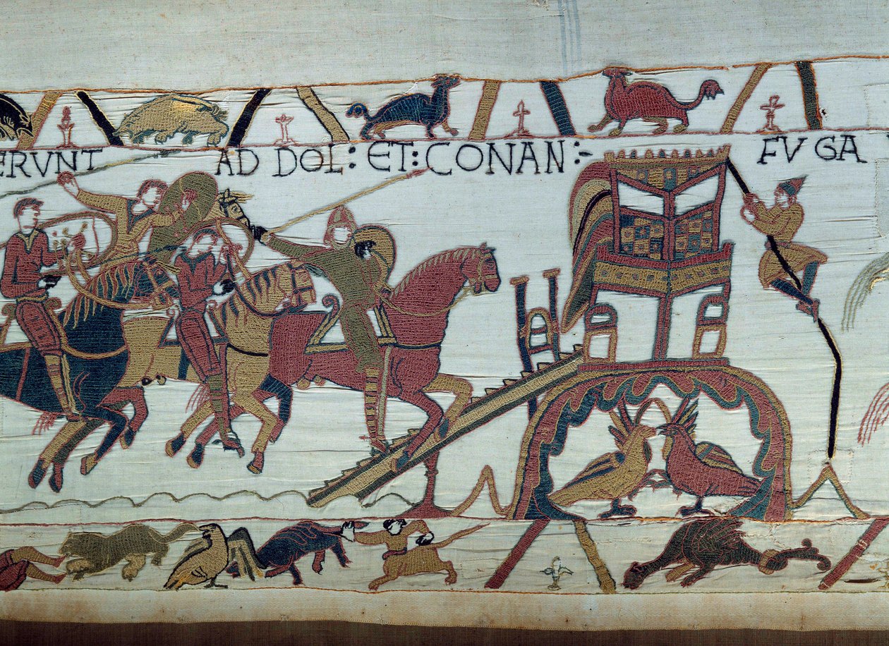 Armeene til Vilhelm Erobreren (1027-1087) dro for å kjempe mot hertugen av Bretagne, ankom Bayeux. Harold har nettopp blitt riddet av Guillaume. Detail of the Bayeux-teppet eller broderi av dronningen Mathilde av Unknown artist