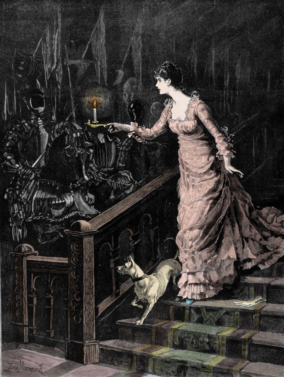 Våpenhuset hjemsøkte: en ung kvinne går ned trappen til en trapp og retter lyset hun holder i hånden mot et sett med rustning. Illustrasjon fra slutten av 1800-tallet av Unknown artist