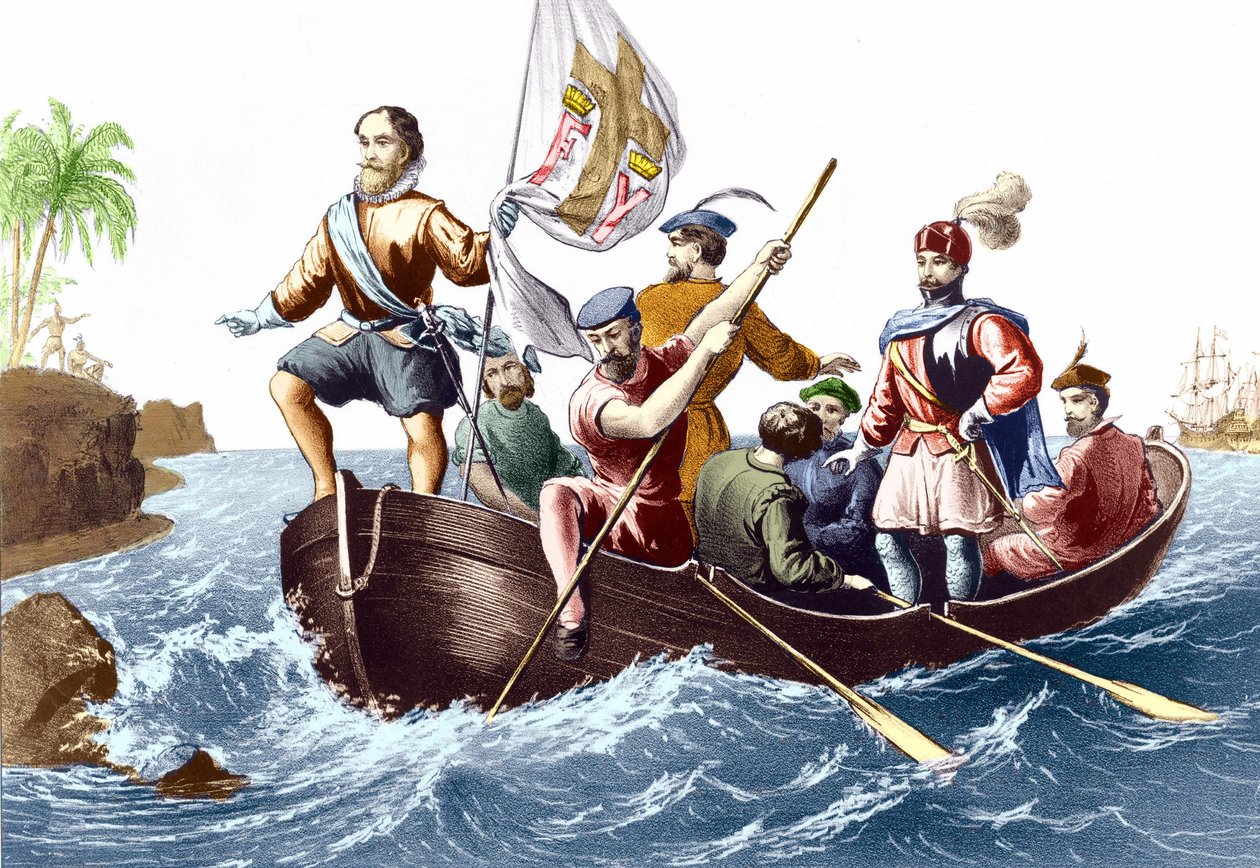 The arrival of Christopher Columbus in San Salvador on 12/10/1492. Engraving v. 1876. av Unknown artist