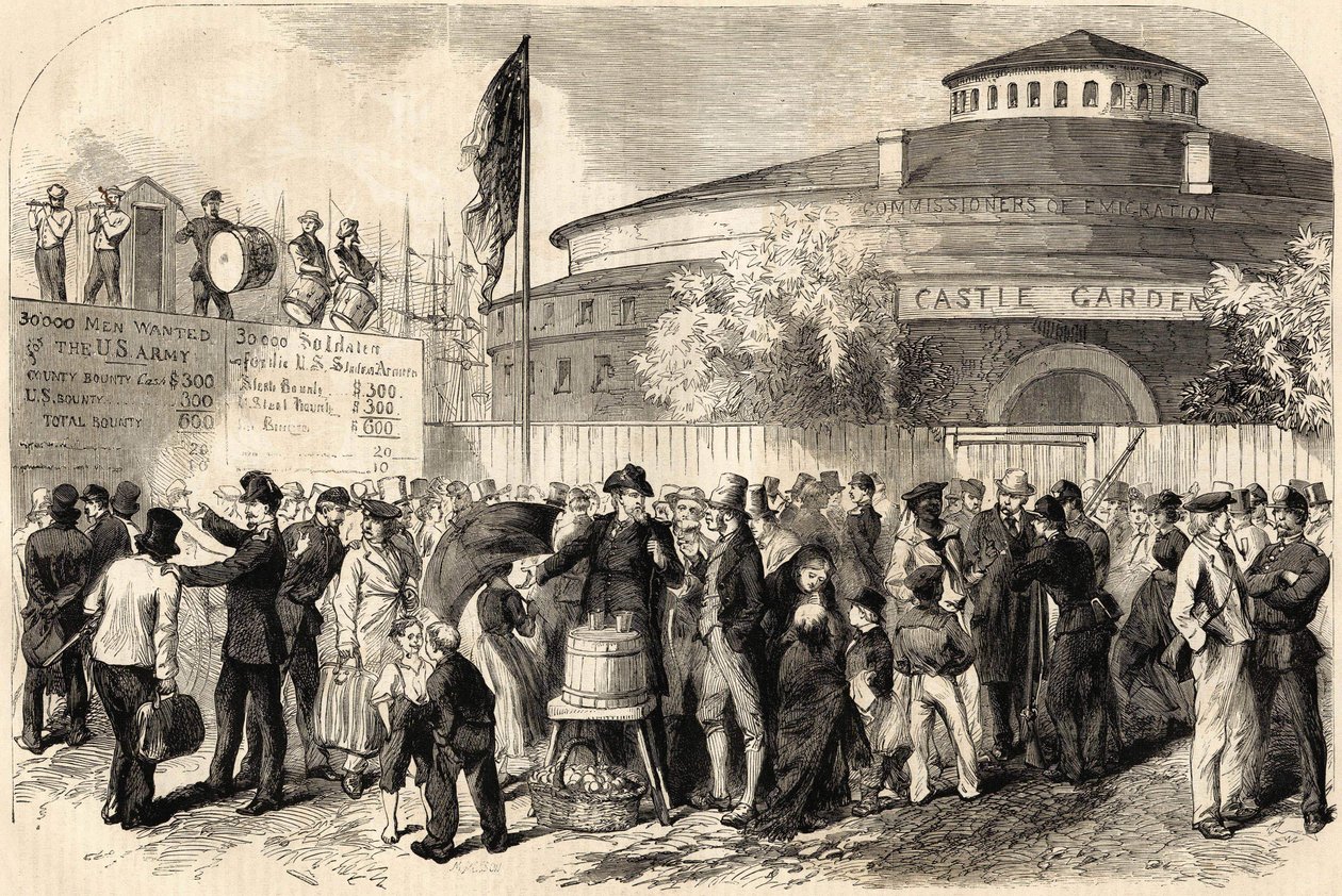 Ankomsten av emigranter til New York i april 1865. Tegning av Mr. Shanly. 1800-talls gravering. av Unknown artist