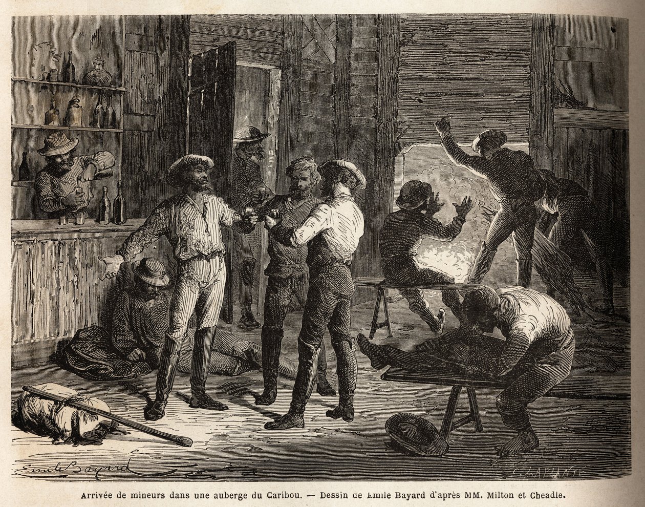 Ankomsten av gruvearbeidere til et vertshus i Caribou (Canada), scener med avslapning og gjenforening, over en drink. Gravering for å illustrere reisen fra Atlanterhavet til Stillehavet (route du nord ouest par les terres), i 1862-1864 av Viscount Milton o av Unknown artist