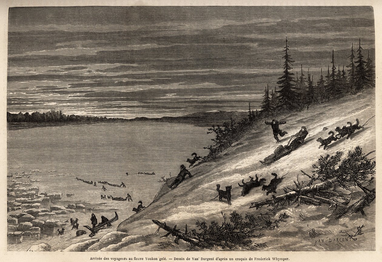 Ankomsten av passasjerer med hundekjøring ved Yukon-elven (ekstremt nord i Canada) fryser fullstendig. Gravering for å illustrere reisen og eventyrene i engelsk Colombia, Vancouver Island og Alaska, av Frederick Whymper av Unknown artist