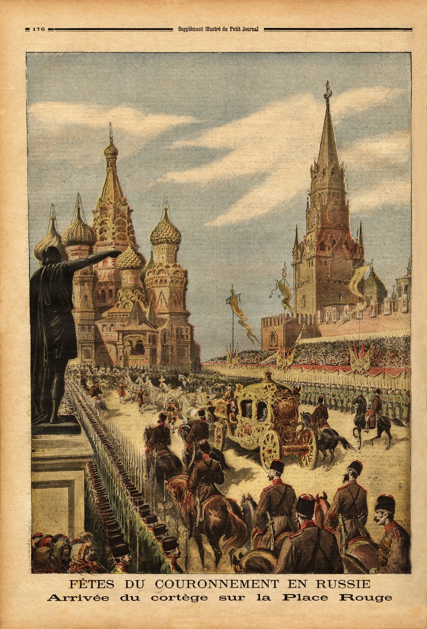 Ankomsten av kortegen på Røde plass (Moskva), i anledning kroningen av tsar Nicholas II (1868-1918). Gravering i "" Le petit journal"" 31.05.1896. Selvas samling. av Unknown artist