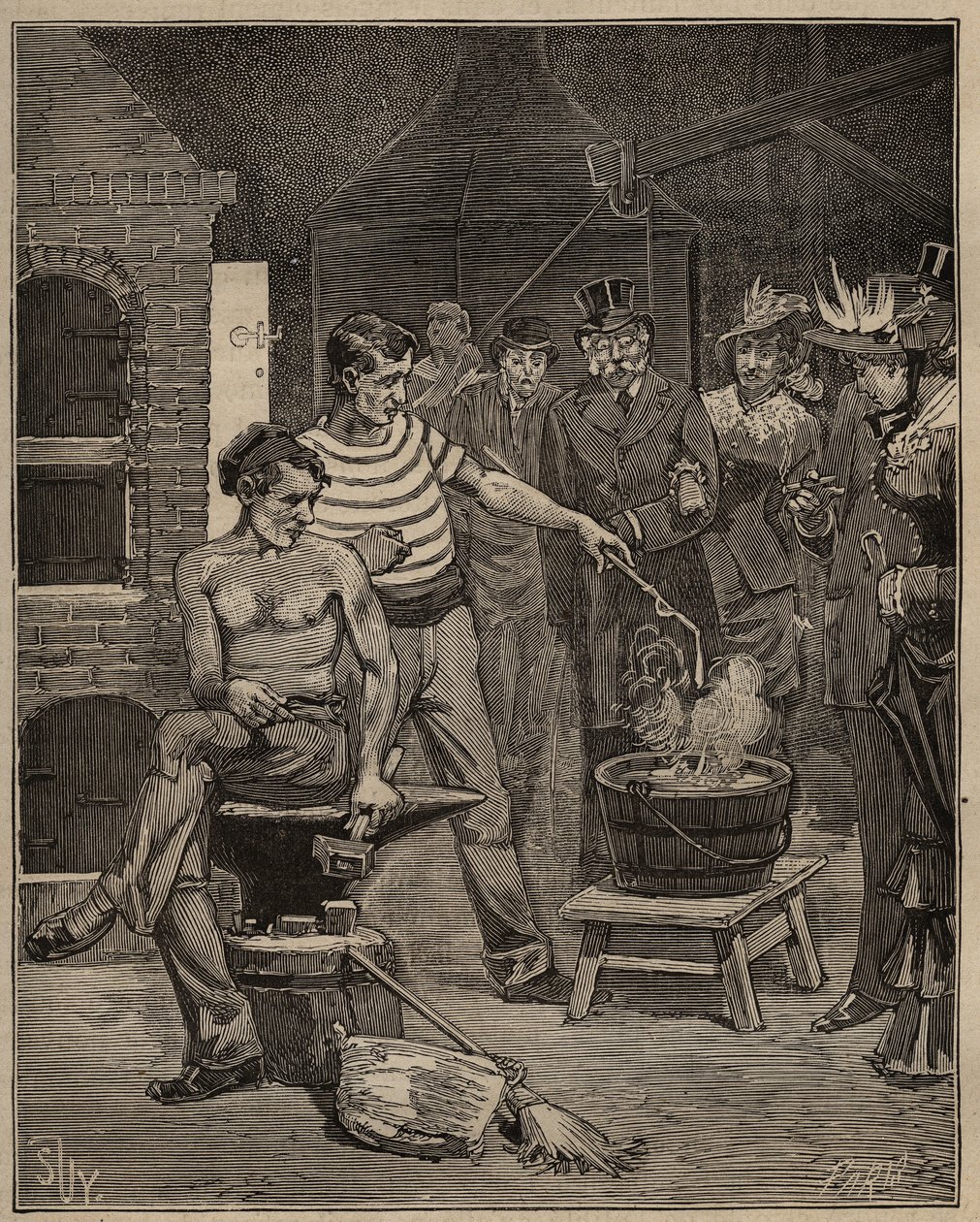 Glasskunsten: opplevelse av bataviske tårer. Dråper av smeltet glass slippes ned i et kaldt vannbad, som fryser i form av tårer. Gravering fra 1885 i "" Les arts et metiers illustres"" av Adolphe BITARD. av Unknown artist