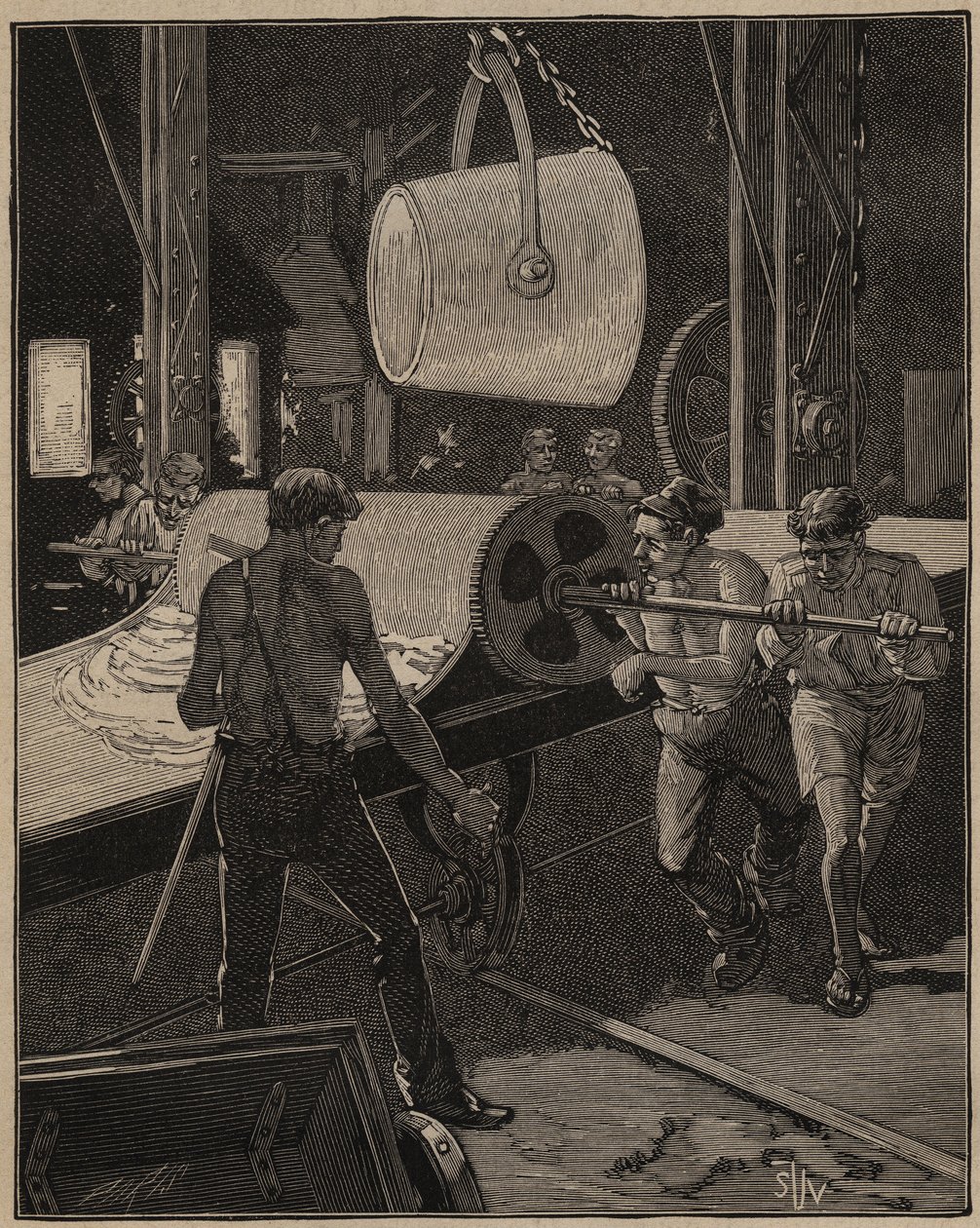 Kunsten å glass: lage iskrem. Trinn kalt "den store strømmen". Gravering fra 1885 i "" Les arts et metiers illustres"" av Adolphe BITARD. av Unknown artist