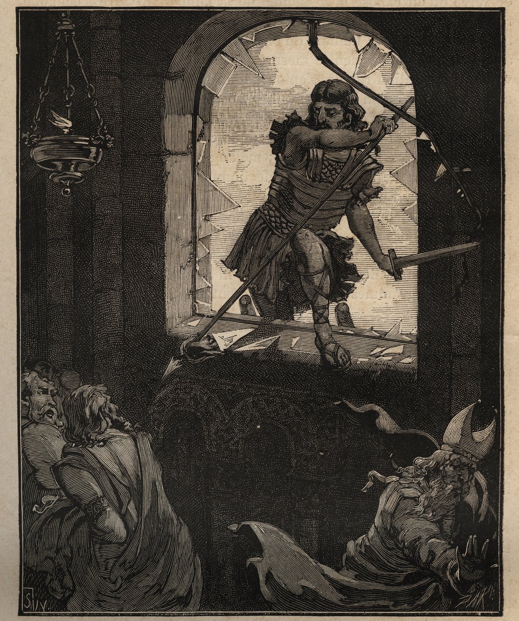 Glasskunsten: malte glassmalerier. Theodorics soldater knuser et glassmaleri for å gå inn i kirken Brioude (Haute Loire) i 521. Gravering fra 1885 i "" Les arts et metiers illustres"" av Adolphe BITARD. av Unknown artist