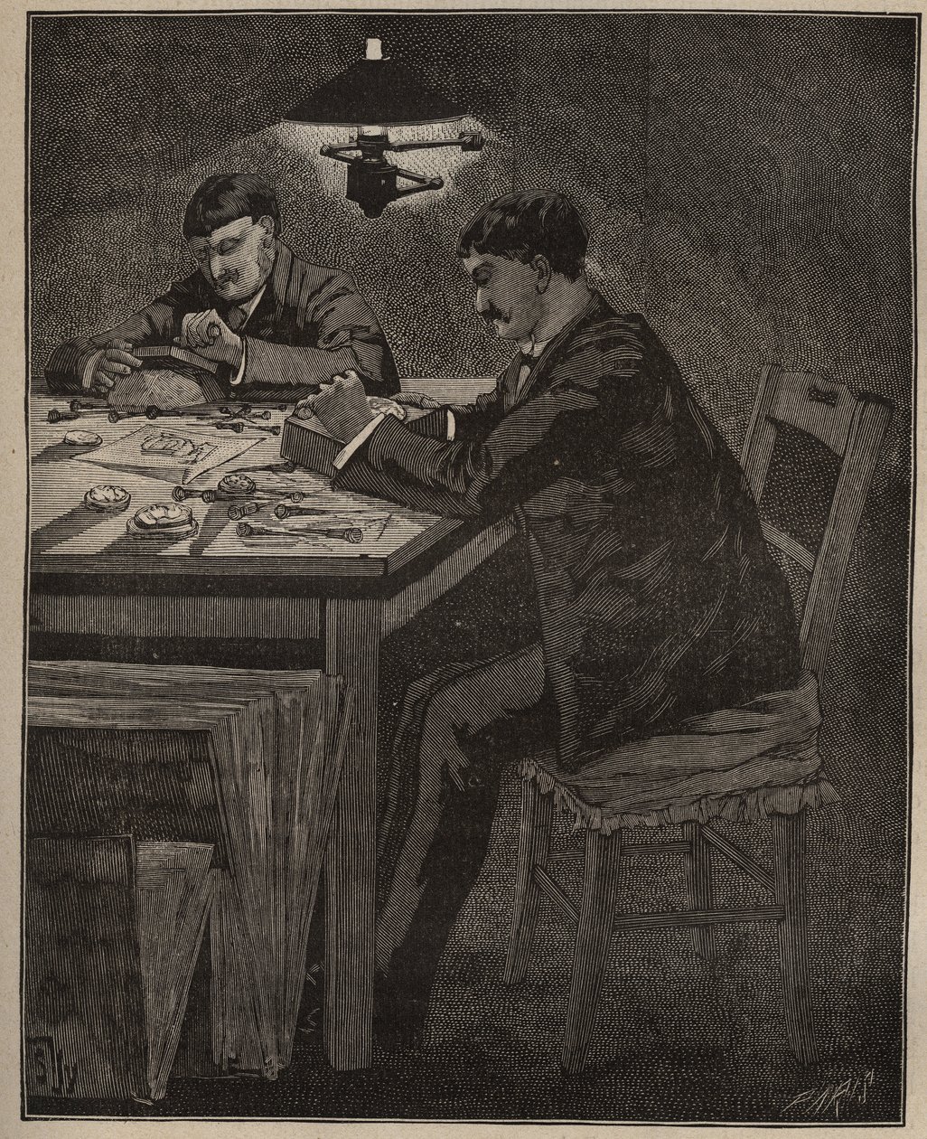 The art of lapidary: gravering av camee shell (camee-shell). Gravering fra 1885 i "" Les arts et metiers illustres"" av Adolphe BITARD. av Unknown artist