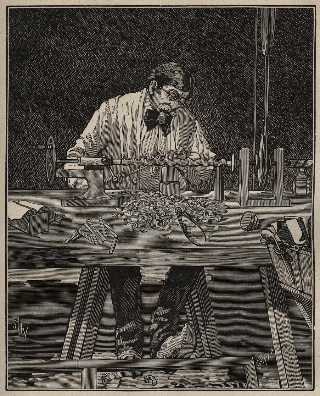 Kunsten å dreiebenk: fasonering av en torso-søyle. Gravering fra 1885 i "" Les arts et metiers illustres"" av Adolphe BITARD. av Unknown artist