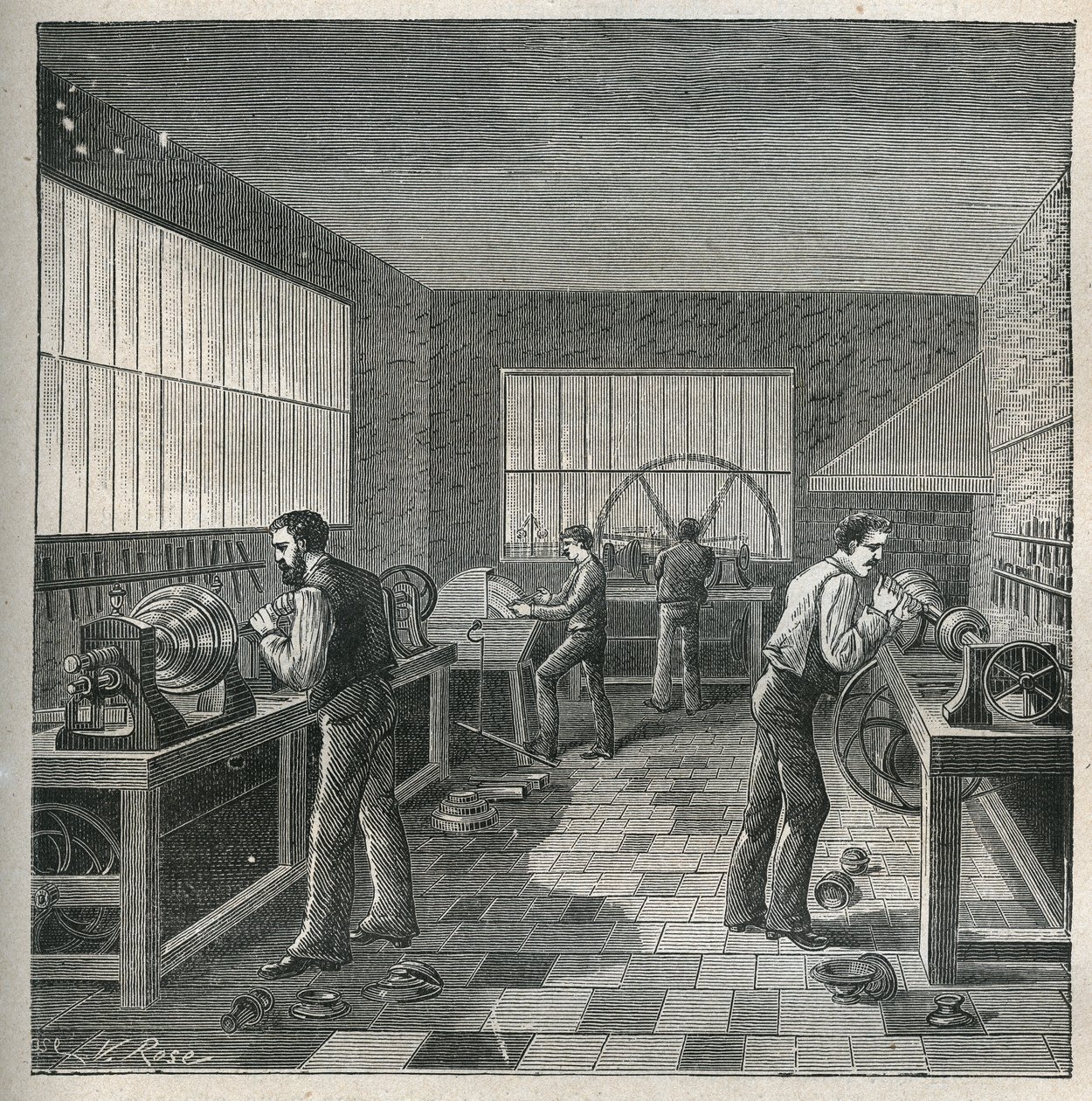 Kunsten å dreiebenk: metallarbeid i et verksted til en dreier-avviser. Gravering fra 1885 i "" Les arts et metiers illustres"" av Adolphe BITARD. av Unknown artist