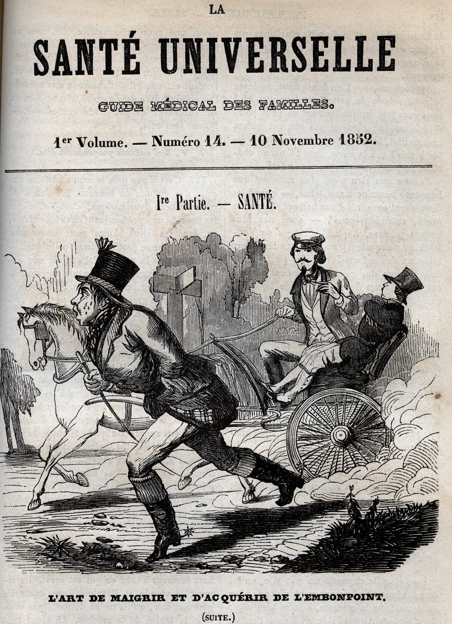 Kunsten å gå ned i vekt og bli overvektig: en mann går mens en annen blir fraktet i en vogn - gravering i «La Sante Universelle - Guide Medical des Familles»» 1852 av Unknown artist