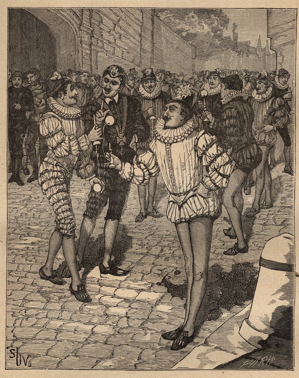 Kunsten å snu: ballen. Kong Henry III (1551-1589) og søtningene hans spiller bilboquet på gaten. Gravering fra 1885 i "" Les arts et metiers illustres"" av Adolphe BITARD. av Unknown artist