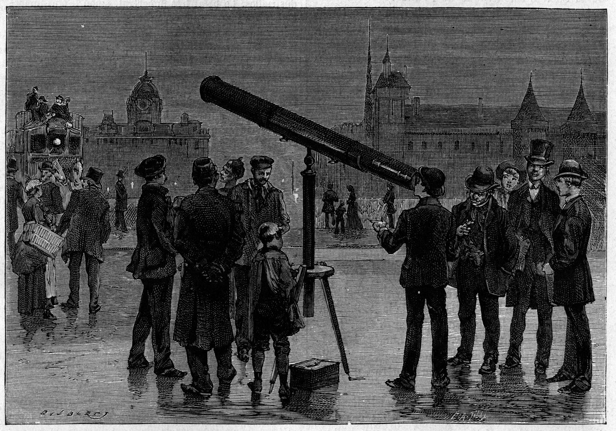 Astronomen og hans astronomiske ramme på Place du Chatelet, i Paris, på tidspunktet for observasjonene av planeten Venus, i februar 1889. Gravering i "" La Nature. Revue des sciences et de ses applications aux arts et a l