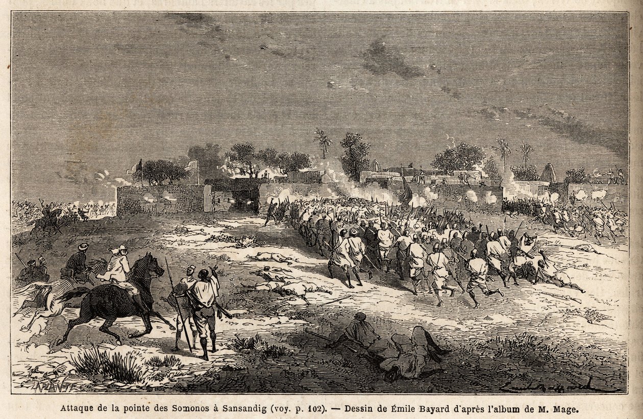 Angrepet på Sansandig av hæren til kong Ahmadou (Toucouleur), der flyktet Bambara søkte tilflukt. Gravering for å illustrere reisen til Vest-Sudan til løytnant (Marine) M.Mage, i 1863-1866, publisert i "Le tour du monde, nouveau journal des voyages", u av Unknown artist