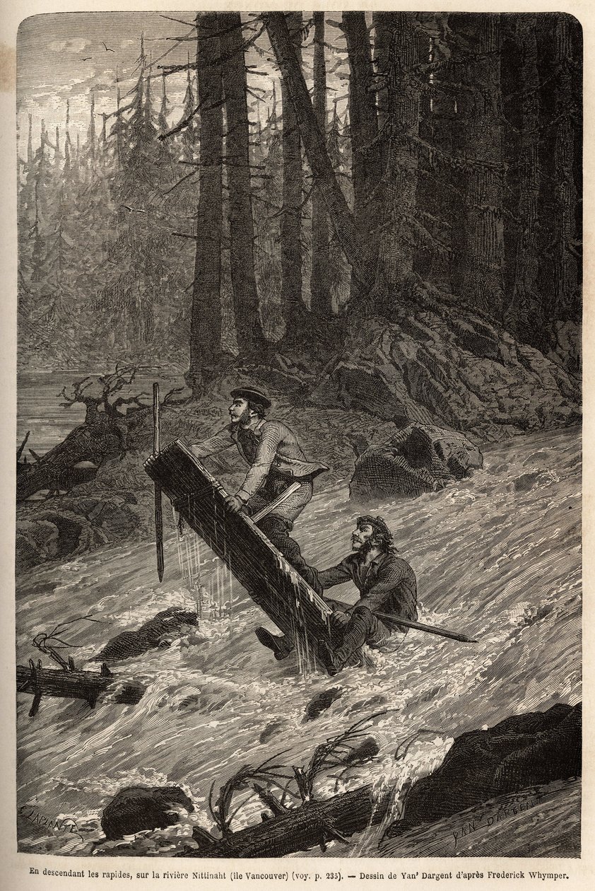 Forfatteren og hans reisende, Mcdonald, går ned strykene på Nittinaht-elven (Vancouver Island) på en provisorisk flåte. Gravering for å illustrere reisen og eventyrene i engelsk Colombia, Vancouver Island og Alaska, av Frederick Whymper av Unknown artist