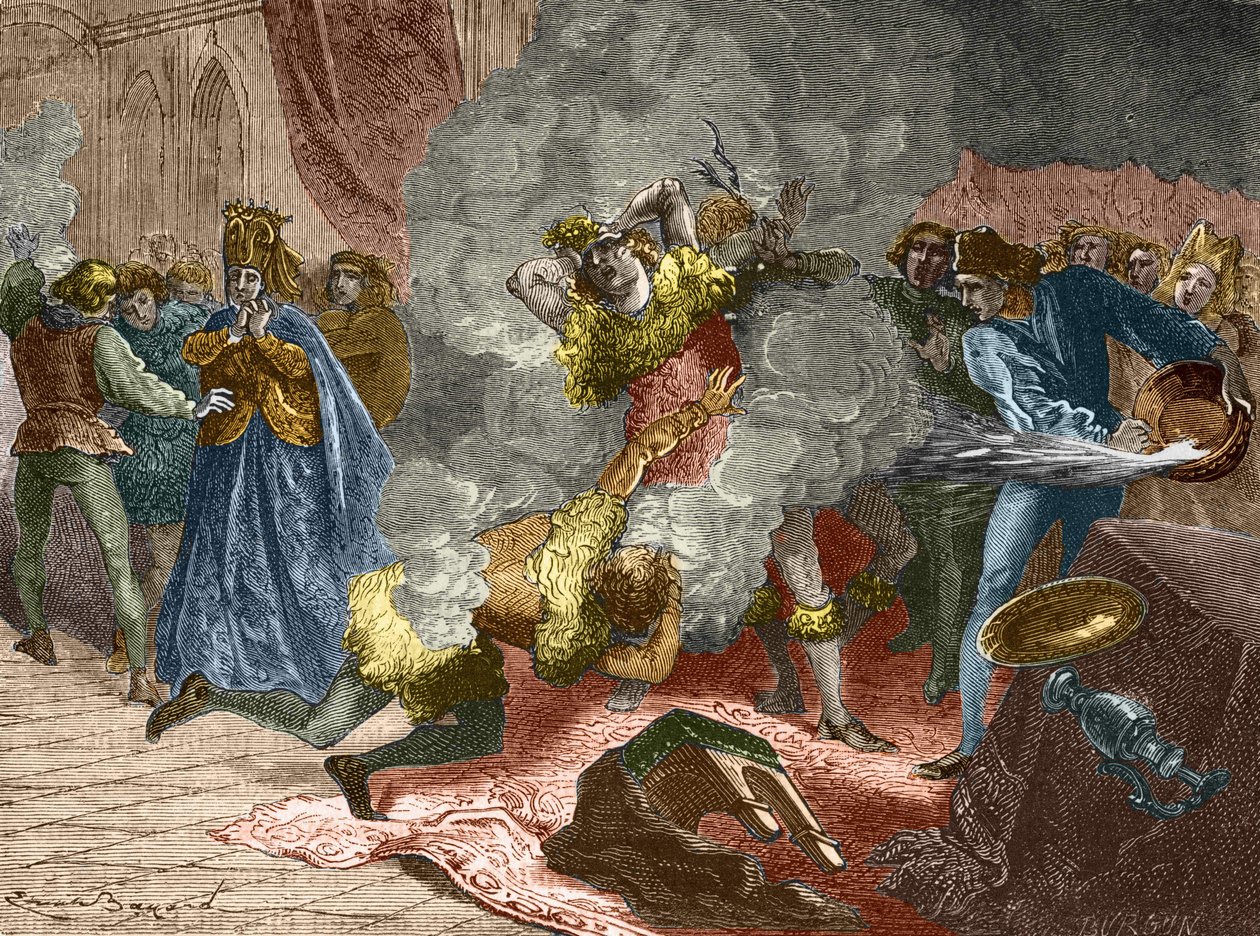 Ballen til de glødende eller villmennene: i anledning bryllupet til en dame av Isabeau (Isabella, Elizabeth) fra Bayern den 28. januar 1393, forkledde kongen seg og lenket seg til fire andre hoffmenn. Hans bror, hertugen av Orlé av Unknown artist