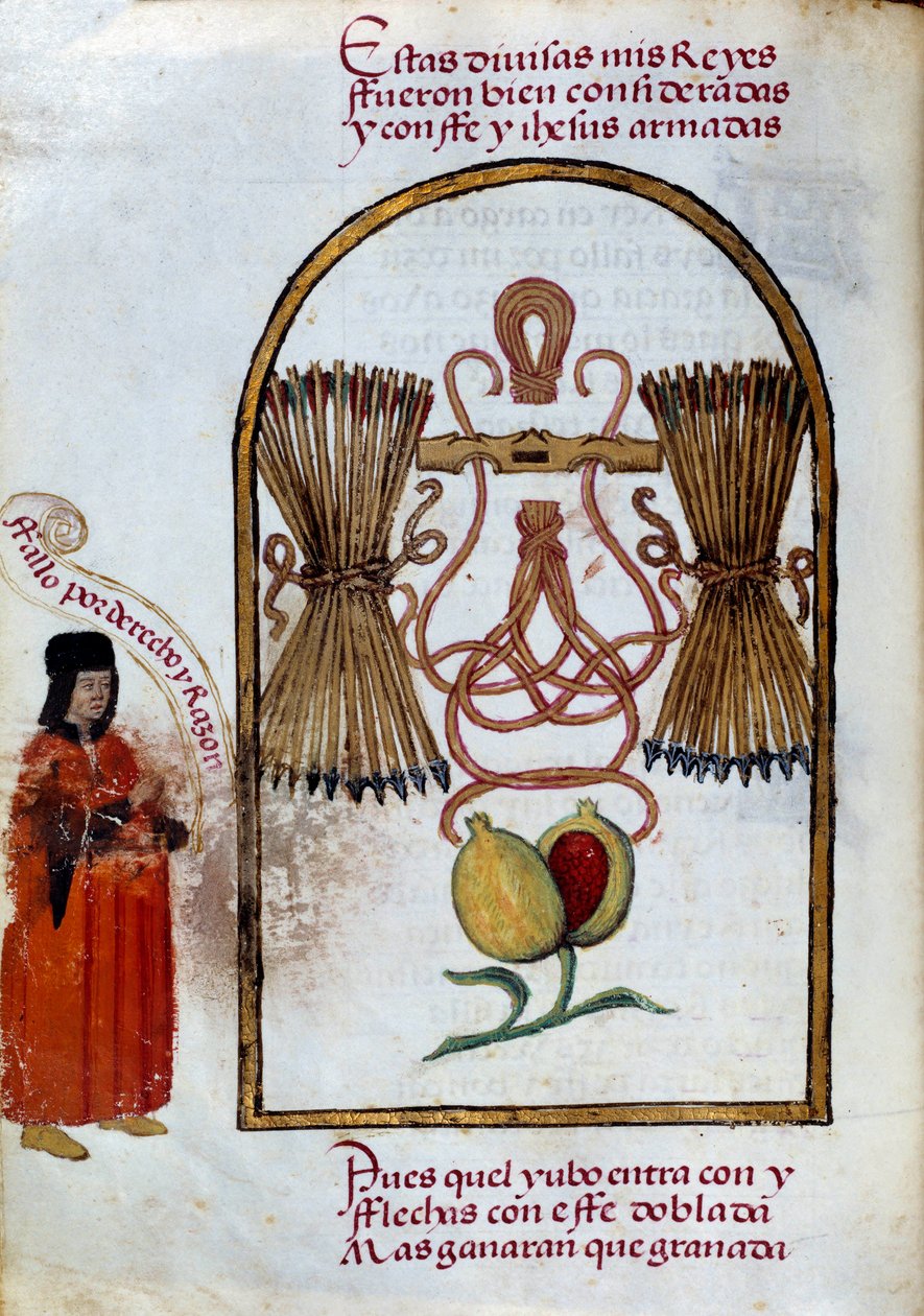 Armringen og pilene. Emblem of the Catholic Kings (miniatyr i "" Devotorio de la Reyna Da Juana a Quen Llamaron la Loca"" av Pedro Marcuello av Unknown artist