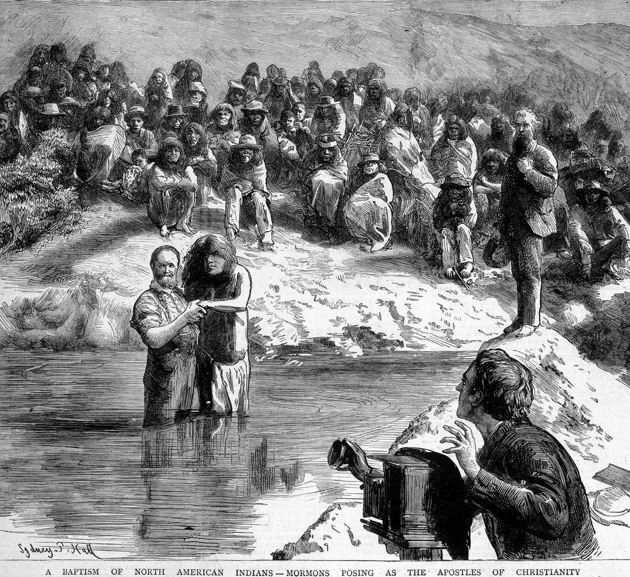 Dåpen i Nord-Amerika av en indianer av en mormon som poserer foran kameraet som kristendommens apoters. Illustrasjon av 1800-tallet. av Unknown artist