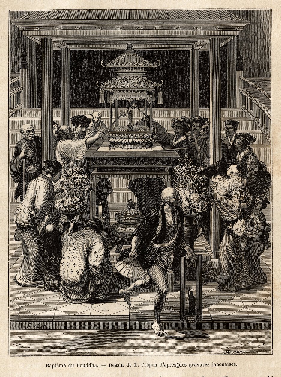 Dåpen til Buddha, en årlig fest som finner sted den 8. dagen i den 4. måneden, vanner tilhengerne bronsestatuen av Buddha som er eksponert for anledningen foran templene. Gravering for å illustrere reisen til Japan, av Aime Humbert, min av Unknown artist