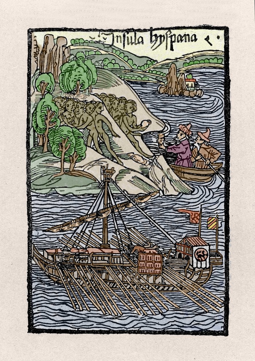 Barken på Hispaniola av Christopher Columbus (1451-1506). Gravering fra “” De insulis in mare Indico super inventis””, Bale 1493-1494 (latinsk oversettelse av Columbus rapport til kongen av Spania). av Unknown artist