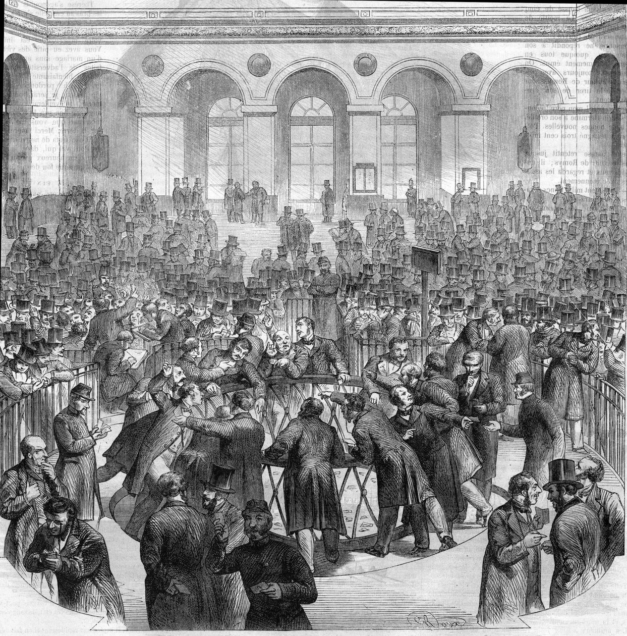 Kurven med bytteagenter, på Paris-børsen i 1865. Gravering etter tegning av M.G. Roux av Unknown artist