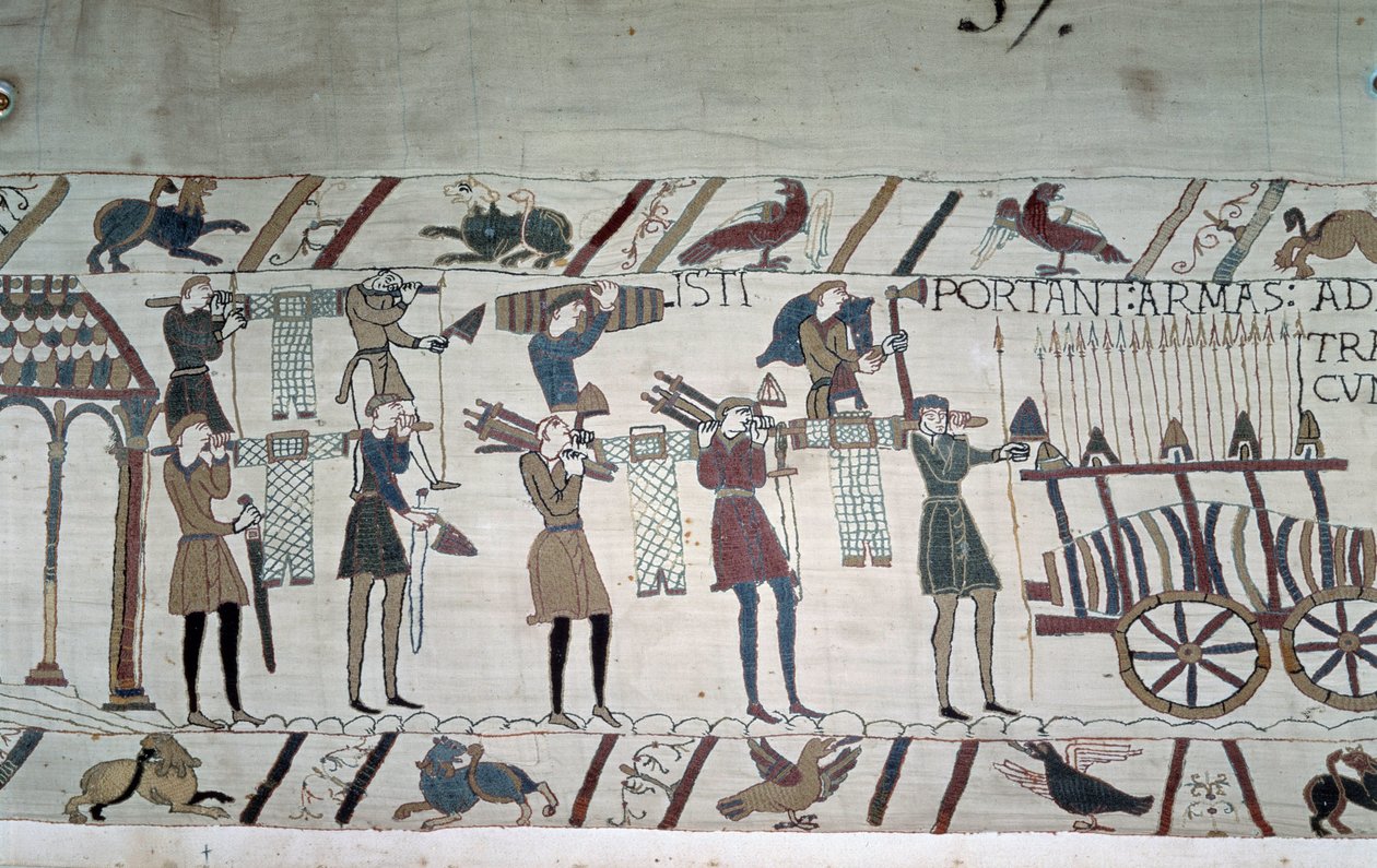 Kampen mellom de engelske infanteristene (Harolds tropper) og normannerne til hest (Guillaumes tropper) - Bayeux-teppet, kjent som Broderi av dronning Mathilde av Unknown artist