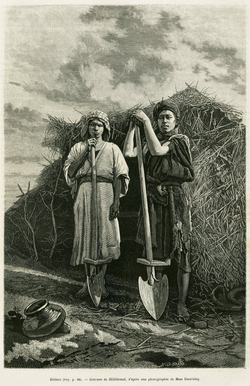 Bildarene, eiere av en beche, er siktet for å ha gravd avløpet til hveteåkrene i Karoun-regionen. Gravering for å illustrere historien La Perse, la Chaldee et la Susiane av Jane Delafoy (1851-1916), akademioffiser, i le tour du monde 1886, dir. av Unknown artist
