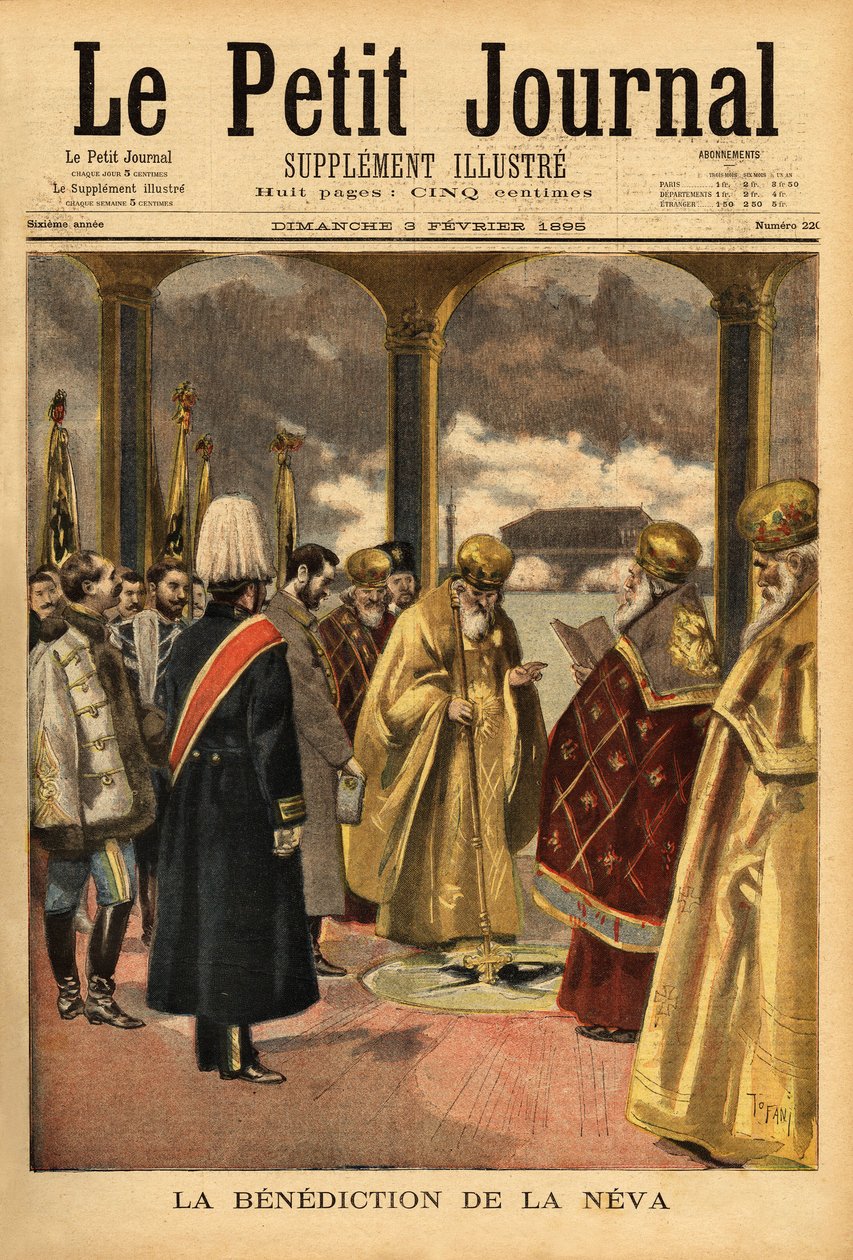 Nevas velsignelse, en russisk tradisjon som finner sted i St. Petersburg hvert år under åpenbaringen. Gravering i "" Le petit journal"" 3/02/1895. Selvas samling. av Unknown artist