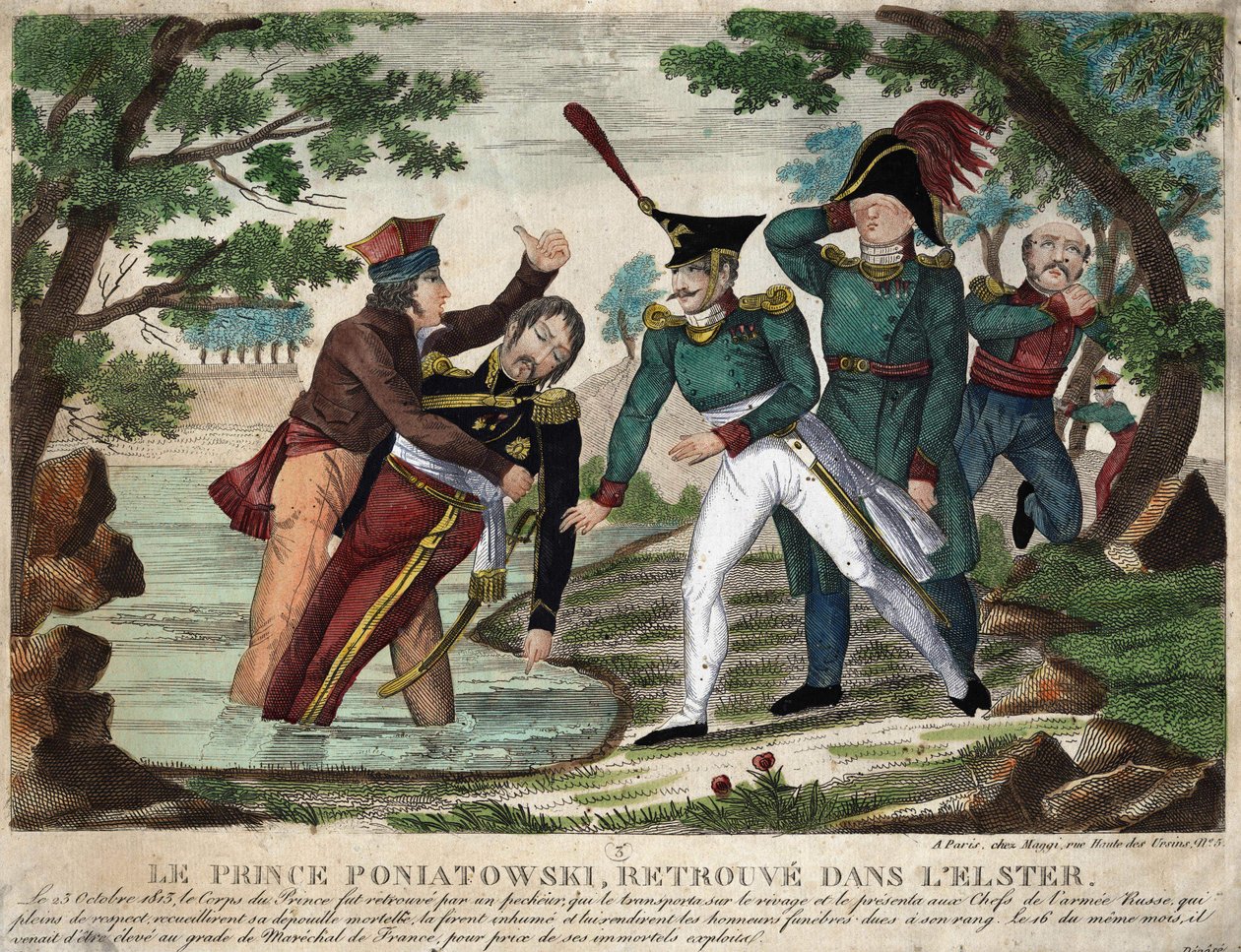 The body of Prince Joseph (Jozef) Antoni Poniatowski (did 1763) found in the Eelster River on 23 October 1813, engraving of the time av Unknown artist