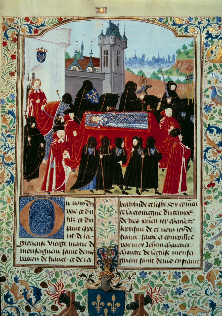 Liket av avdøde kong Charles VI (1368-1422) blir båret bort, bak prosesjonen den nye kong Charles VII (1403-1461) miniatyren 22/10/1422 fra manuskriptet "" Chronicles of Charles VII"" (Ms. . fr. 2691) av Jean Chartier av Unknown artist