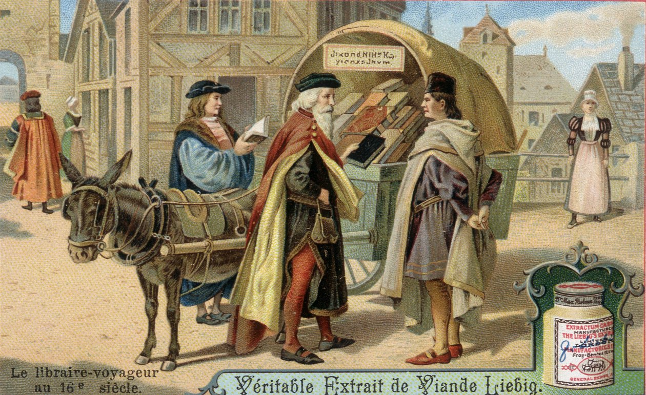 Bokhandleren og hans omreisende bokhandel på 1500-tallet. Kromolitografi, Liebig-bilde. av Unknown artist