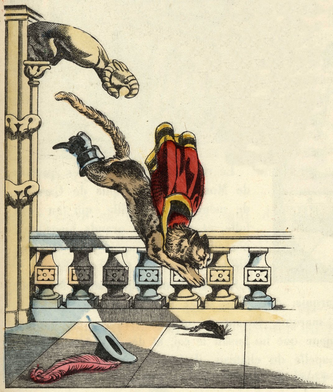 Støvlekatten har bedt troldret om å bli til en mus, hopper for å sluke den. Illustrasjon av Charles Perraults fortelling "Le chat botte" av Unknown artist