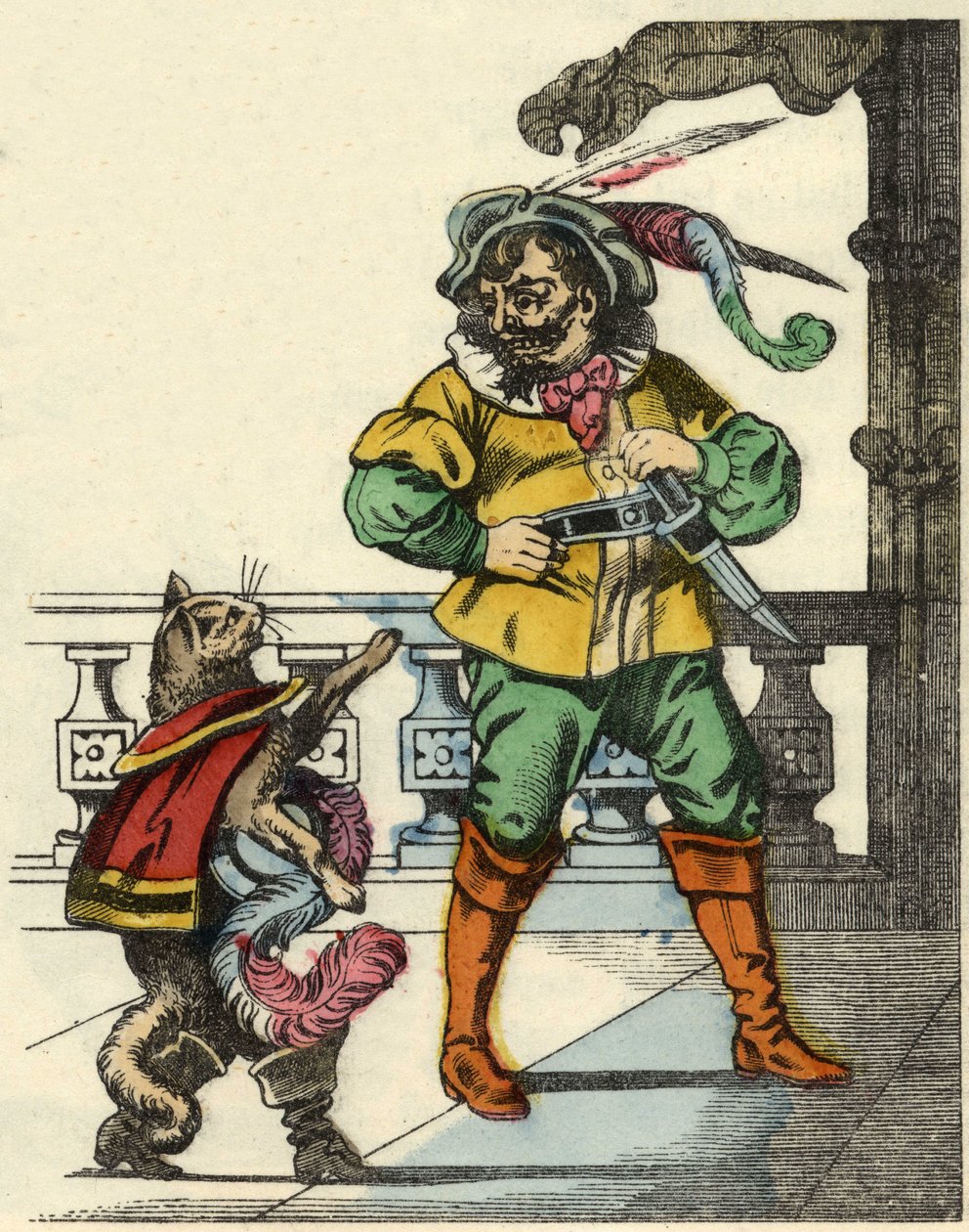 Støvlekatten møter trollet. Illustrasjon av historien "The cat botte" av Charles Perrault av Unknown artist