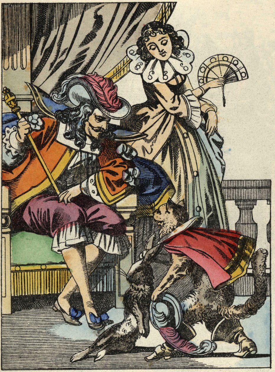 Støvlekatten tilbyr kaninen til kongen fra sin herre, Marquis de Carabas. Illustrasjon av historien "The cat botte" av Charles Perrault av Unknown artist