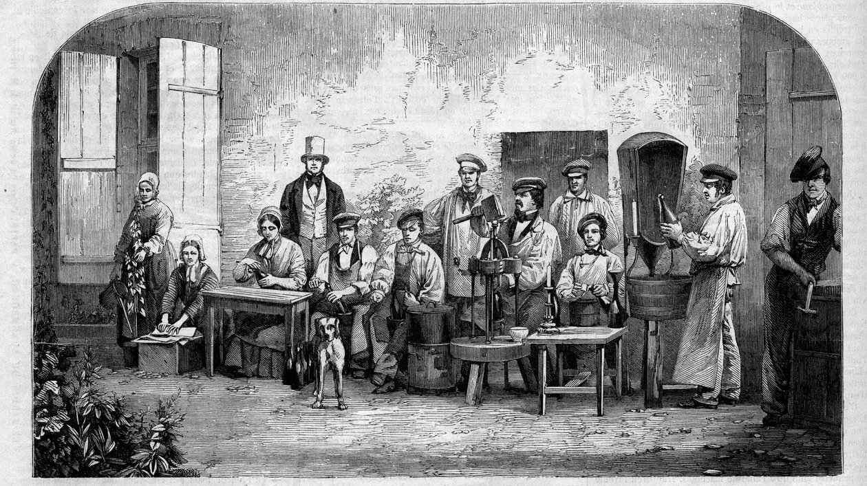 Tapping av champagnevin. Gravering fra 1864. av Unknown artist