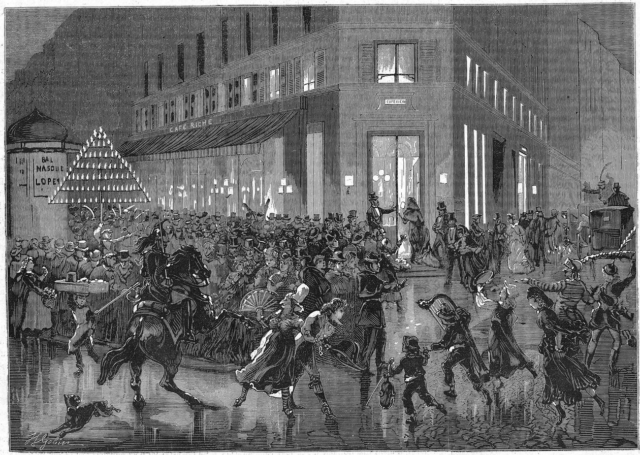 Boulevarden til italienerne i Paris en natt med Bal i operaen. gravering fra 1873 av Unknown artist
