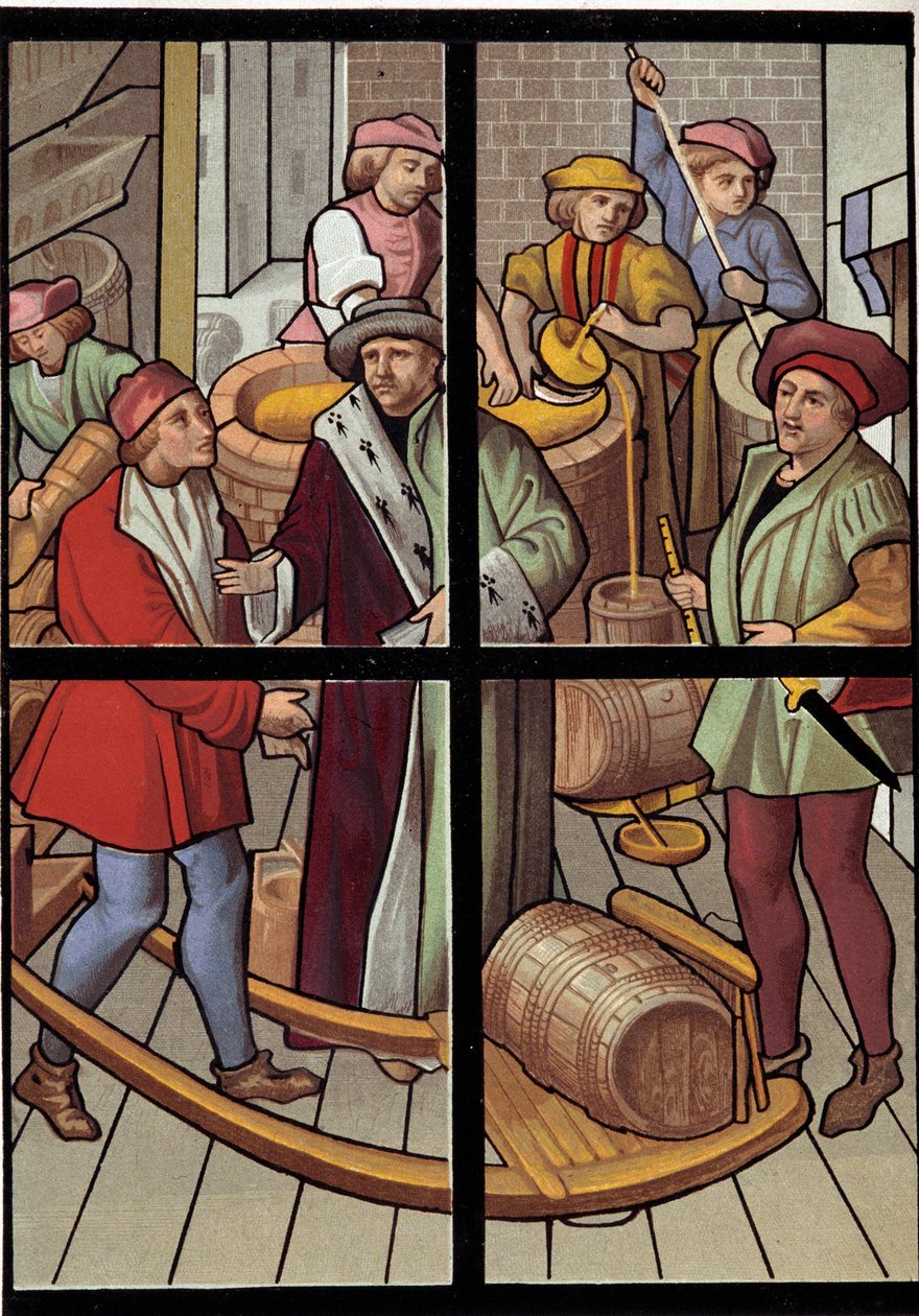 Bryggerne. Litografi fra et glassmaleri fra katedralen i Tournai fra 1400-tallet. 1800-tallet. Paris, dekorativ kunst av Unknown artist