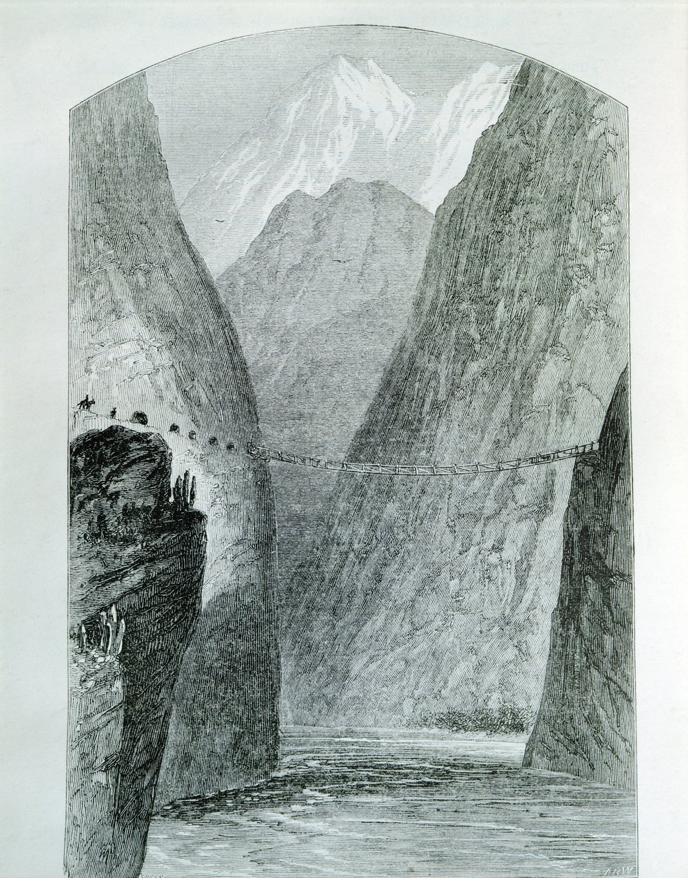 Broen over Apurimac-elven, gravering. Peru av Unknown artist