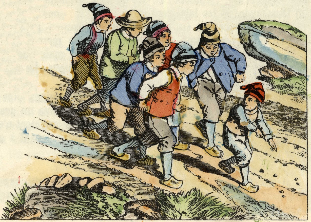 Brødrene følger den Lille Poulet som sådde hvite småstein på veien. Illustrasjon av historien "" Le Petit Poucet"" av Charles Perrault av Unknown artist
