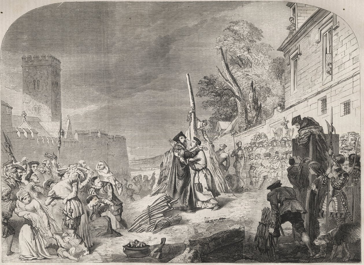 Brenningen av biskopene Nicholas Ridley og Hugh Latimer på bålet nær portene til Balliol College, Oxford, England av Unknown artist