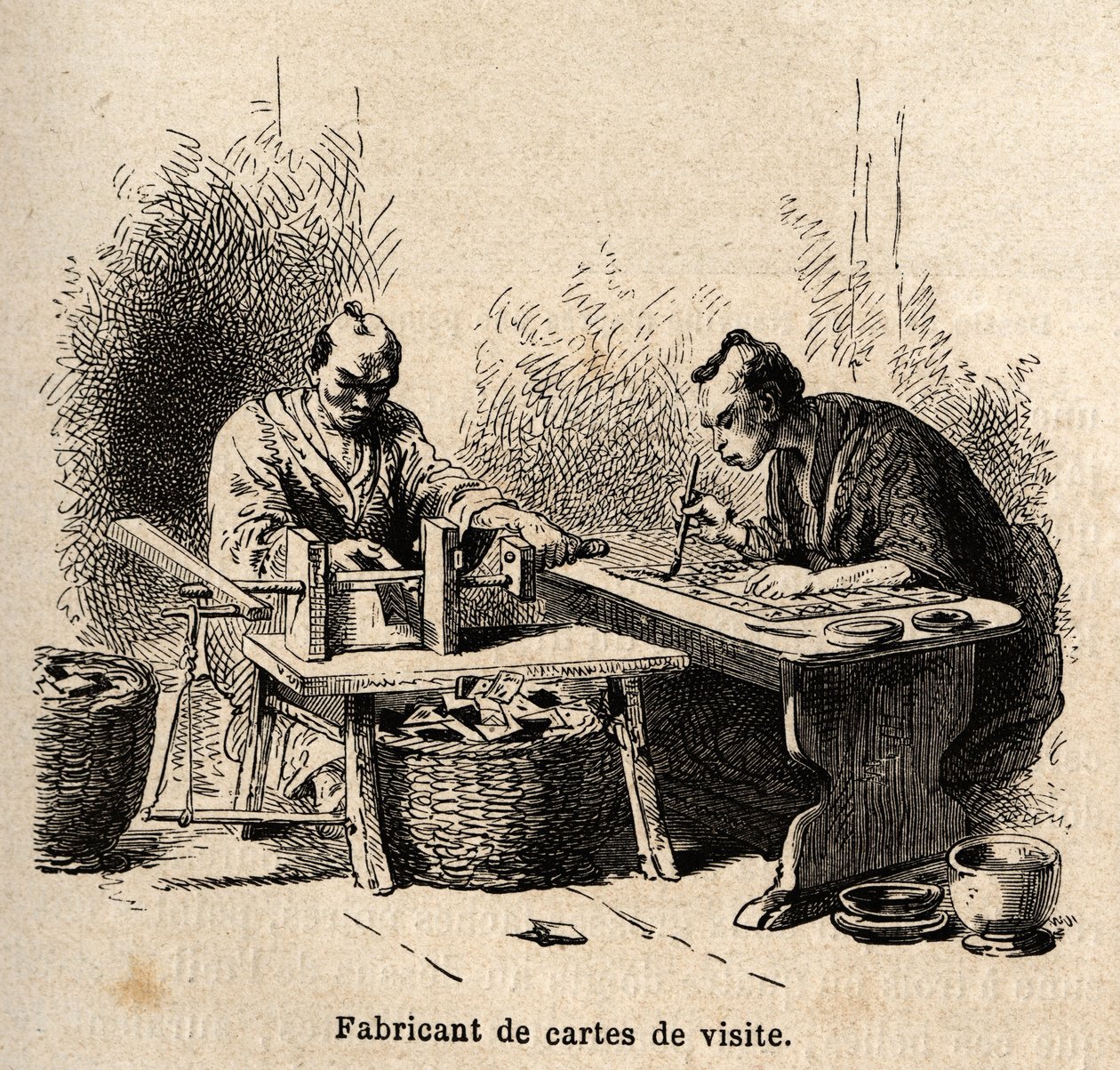 Visittkortprodusenten. Gravering for å illustrere reisen til Japan i 1863-1864, av Aime Humbert, minister for det sveitsiske konføderasjonen, i "Le tour du monde, nouveau journal des voyages", utgitt under ledelse av Edouard Charton av Unknown artist