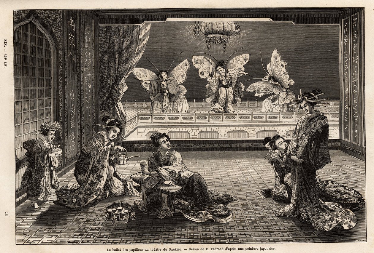 Sommerfuglballetten på Gankiro Theatre, i Miyozaki Pleasure District i Yokohama. Gravering for å illustrere reisen til Japan, av Aime Humbert, minister for det sveitsiske konføderasjonen, i 1863-1864, publisert i "" le tour du monde", under den alvorlige av Unknown artist