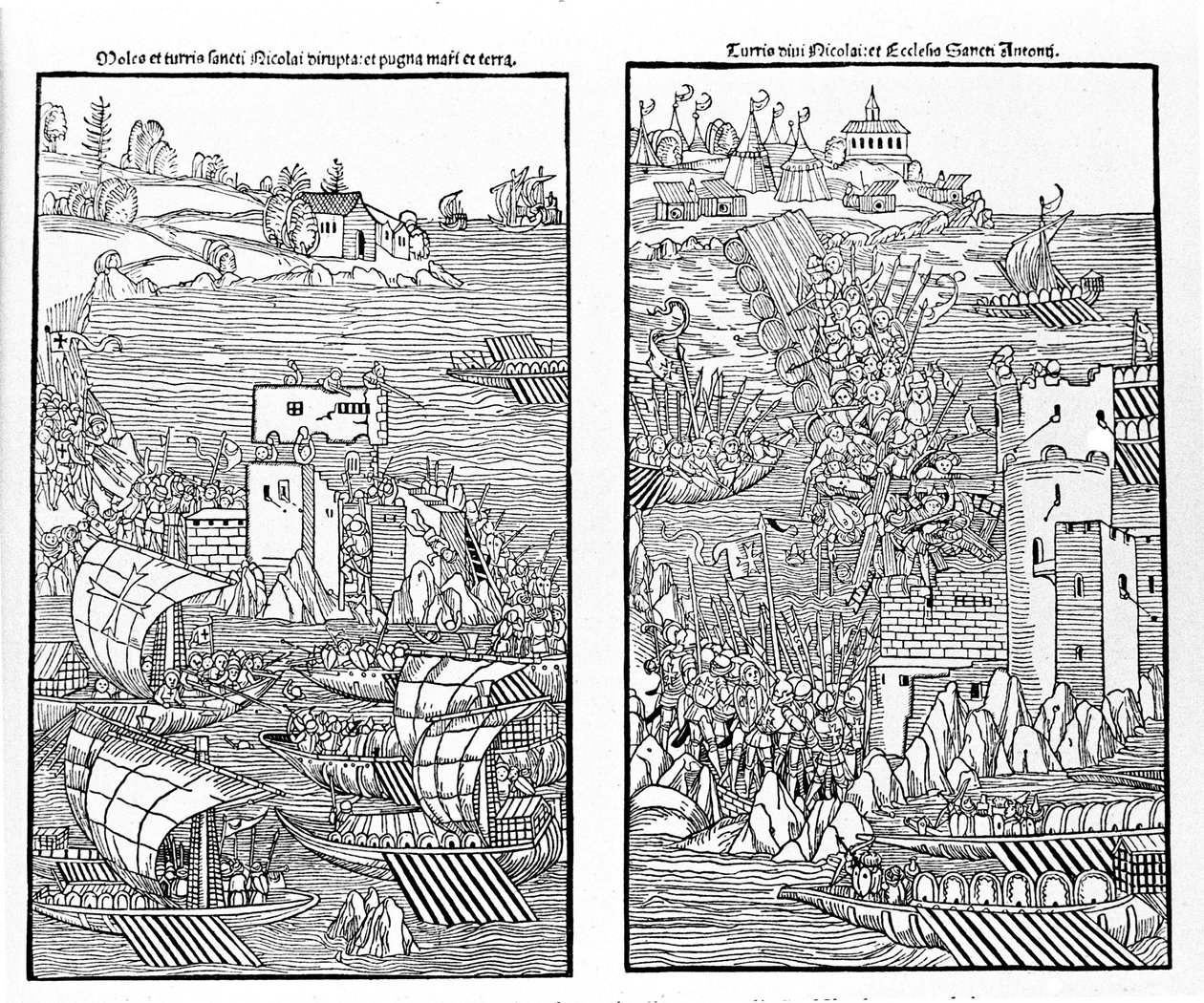 Erobringen av Rhodos av tyrkerne i 1522. Tyrkerne angriper festningen St. Nicholas. Xylografi. av Unknown artist