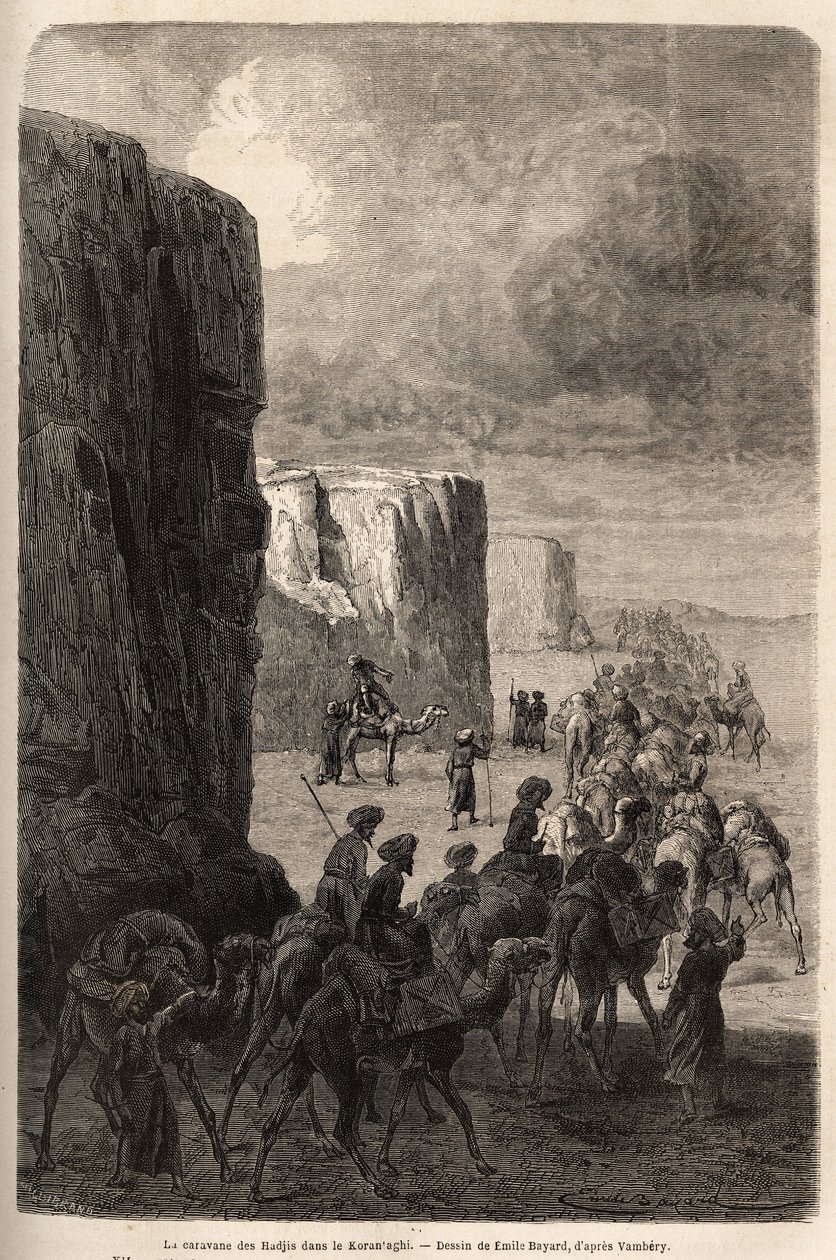 Karavanen til Hajis (muslimske peleriner) i Korantaghi (Persia, Iran). Tegning av Emile Bayard (1837-1891), for å illustrere reisen til Sentral-Asia, i 1863, av Arminius Vambery (ungarsk vitenskapsmann forkledning i dervisj). Gravering i "" Le tour du mond av Unknown artist