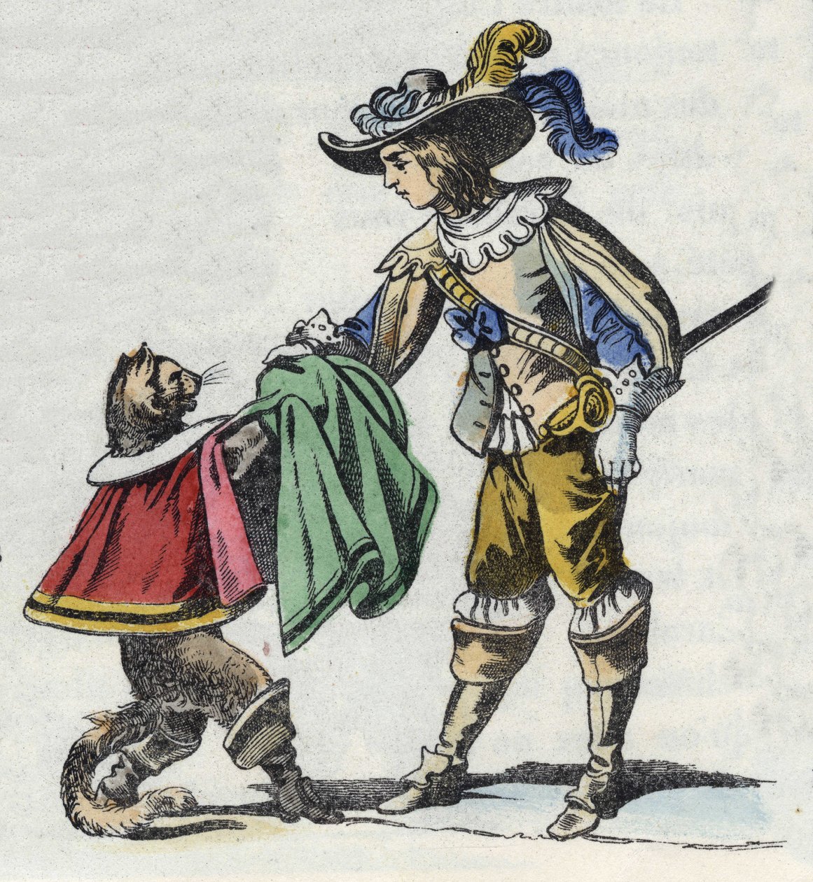 Katten og hans herre, markisen av Carabas. Illustrasjon av historien "The cat botte" av Charles Perrault av Unknown artist