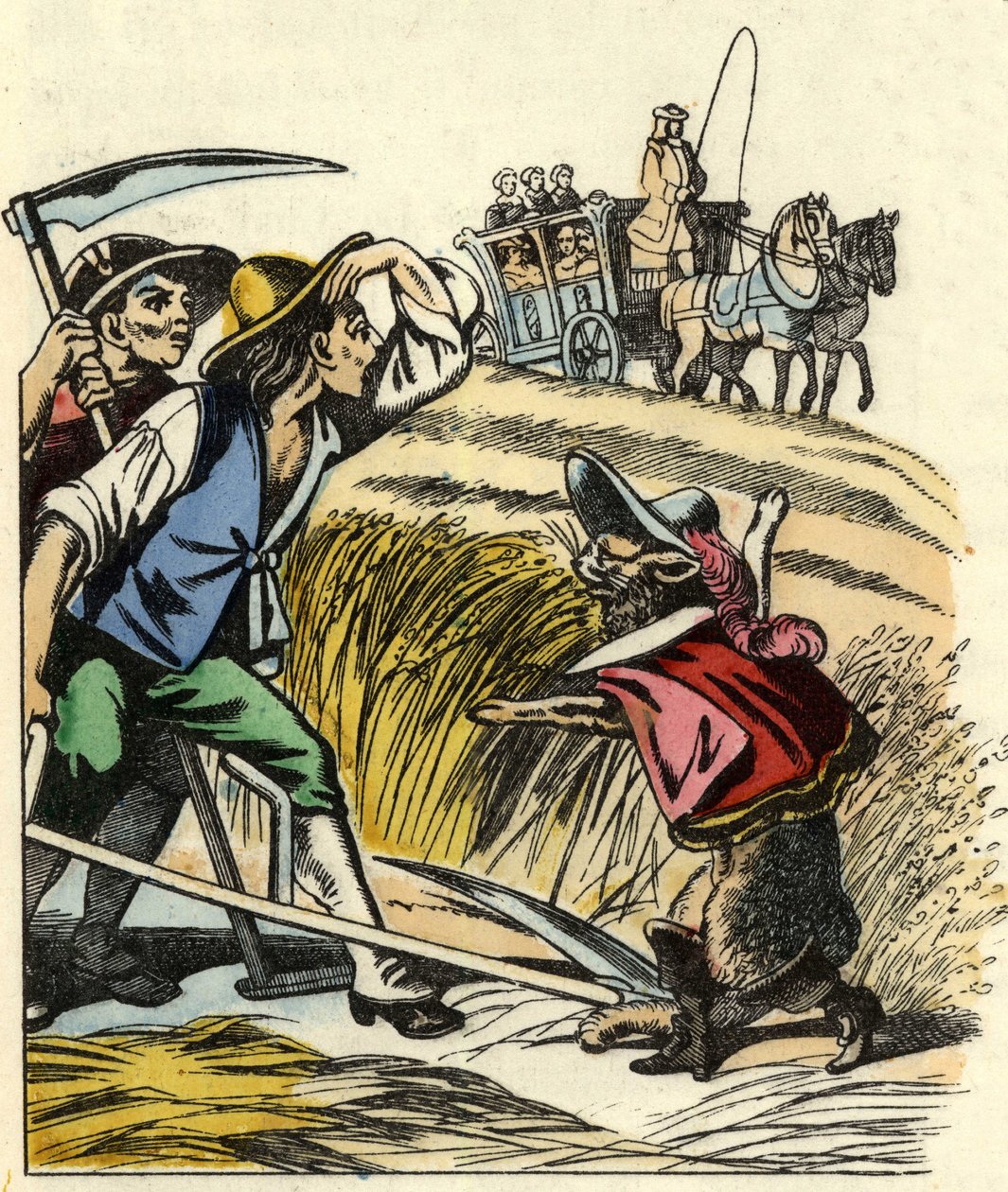 Katten tvinger bøndene til å si at åkeren der de klipper hveten tilhører Marquis de Carabas. Illustrasjon av historien "The cat botte" av Charles Perrault av Unknown artist