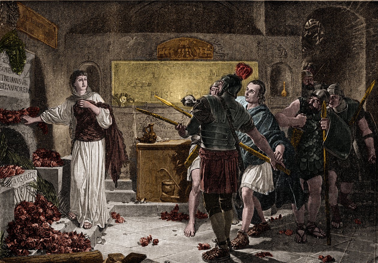 Katakombene i Roma ble brukt til å begrave kristne martyrer i det første århundre uten å møte noen hindringer fra romerne. Rundt 257, under keiser Valerians regjeringstid, begynte forfølgelsen av de døde og mange kristne ble forfulgt og jaktet av Unknown artist