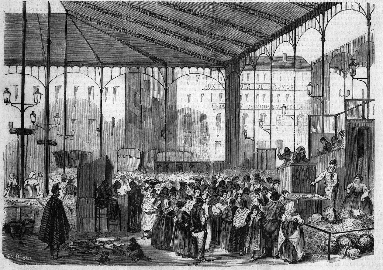 Det sentrale markedet i Paris: fiskemarkedet i 1858. av Unknown artist