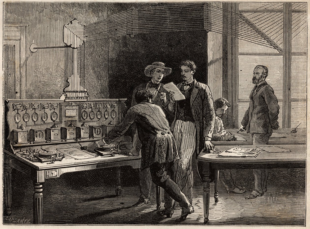 Den sentrale telegrafstasjonen ved Creusot-fabrikken. Gravering for å illustrere en reise til Creusot og gruvene i Saone og Loire, i 1865, av L. Simonin, i "" Le tour du monde, nouveau journal des voyages"" utgitt under ledelse av Edouard C av Unknown artist